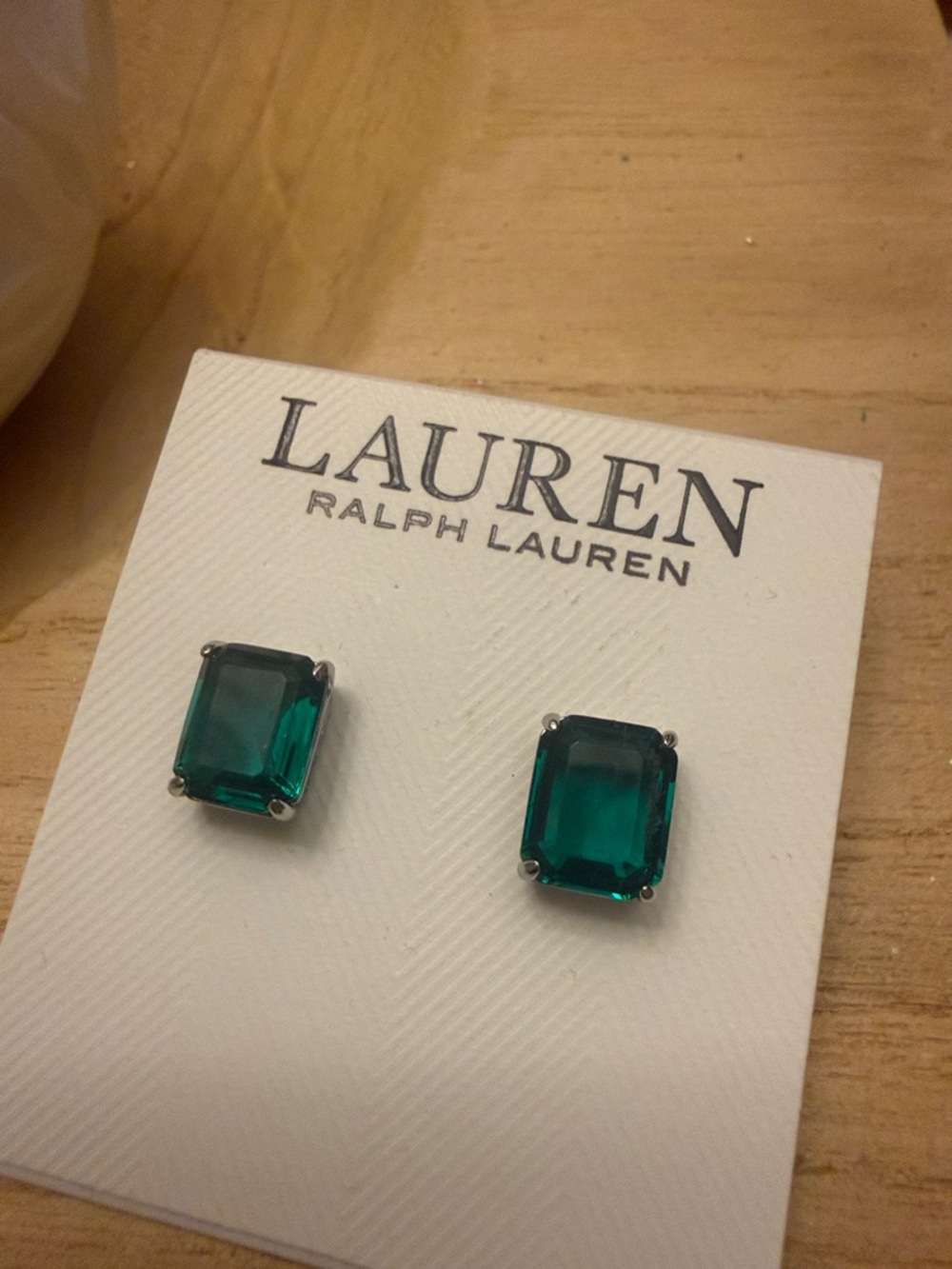 Lauren Ralph Lauren Emerald Cut Stud / Post Earrings Green Crystal Silver Tone